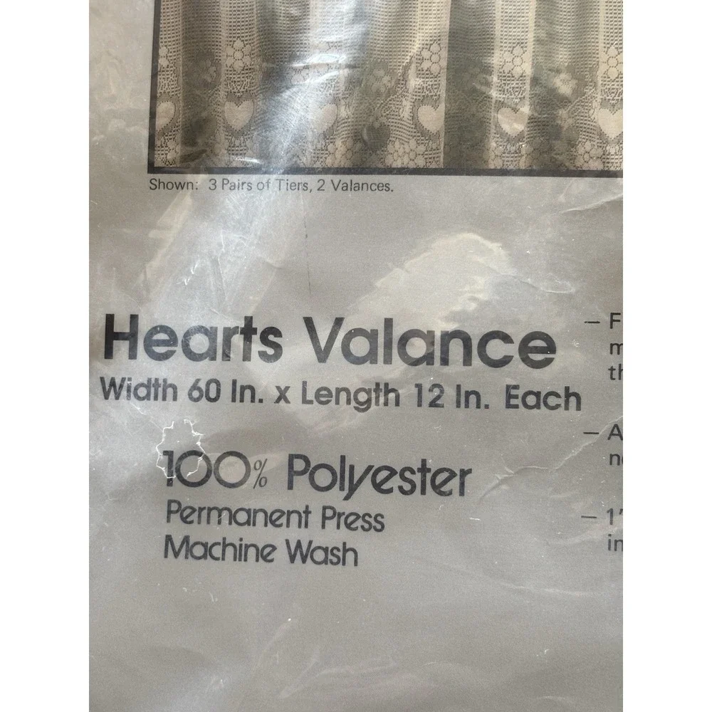 Vtg Lace Valance New White Hearts 1980s Cottage Granny Curtain 60 x 12 NIP